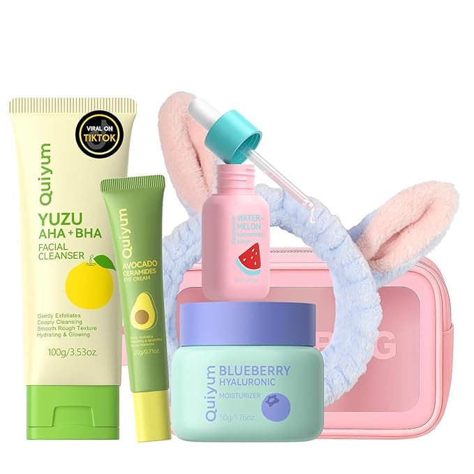 QUIYUM Skin Care Set, Fruit Women Birthday Christmas Beauty Gift Sets, Skin Care Kit with Cleanser, Serum, Eye Cream, Face Cream Travel Kit for Women, Gentle, Full Sizes 4pcs, Stocking Stuffers
