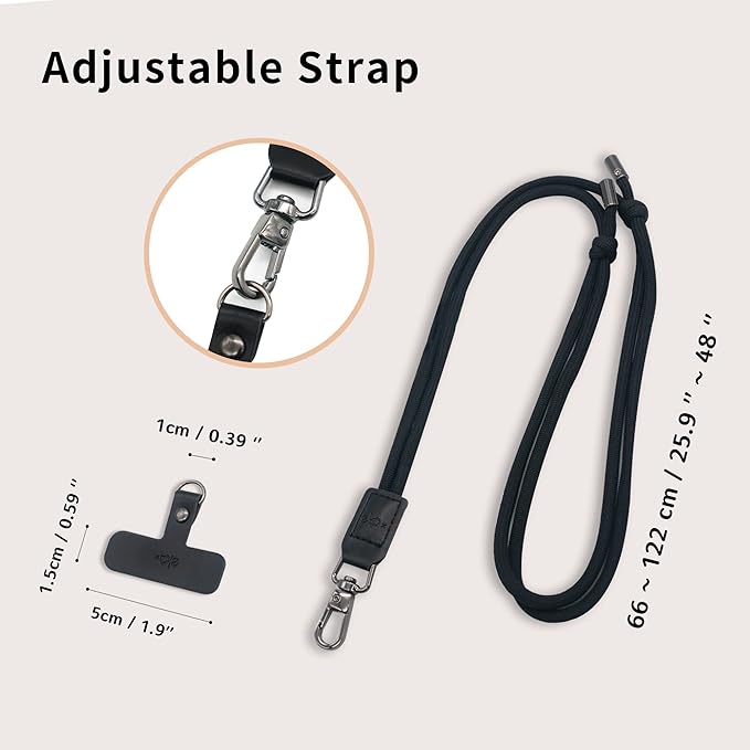 Phone Lanyard, 1x Customizable Crossbody Neck Phone Strap, 1x Removable PU Leather Tab, Hands-Free Holder for Cell Phones, Earphones, Badges & Keys, Travel Essentials Accessories (Obsidian Black)