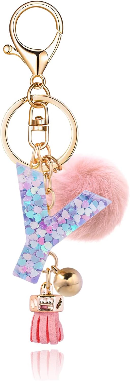 Resin Alphabet Initial Letter Keychain Keyring for Women Purse Handbags With Fur Ball Pom