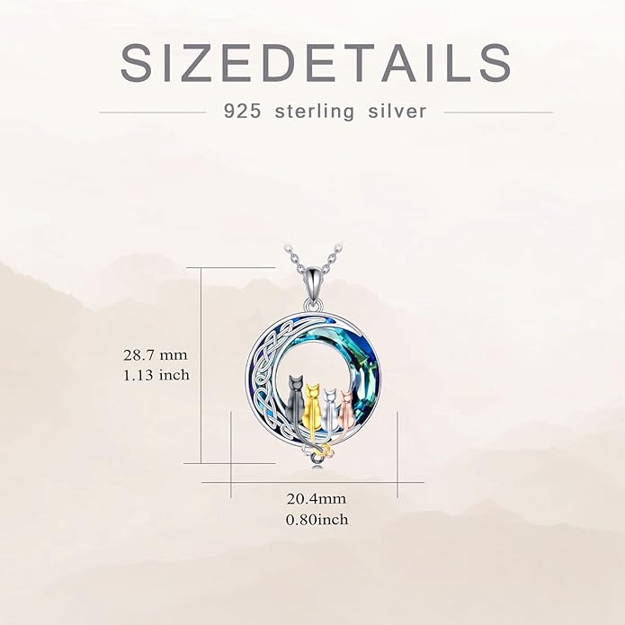 TOUPOP Cat Gifts for Cat Lovers One Two Three Four Cats Necklace Sterling Silver Cats on the Moon Pendant Necklace with Blue Circle Crystal Birthday Christmas Celtic Jewelry Gifts for Women