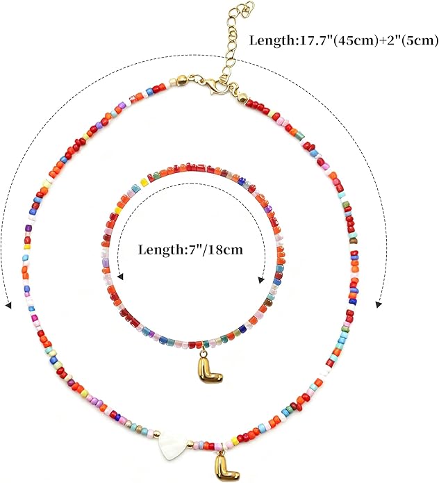 I IHAYNER Colorful Beaded Initial Necklace and Bracelet Set for Girls Personalized Letter Jewelry Gifts Trendy Choker Necklace Matching Bracelet Birthday Friendship Gift