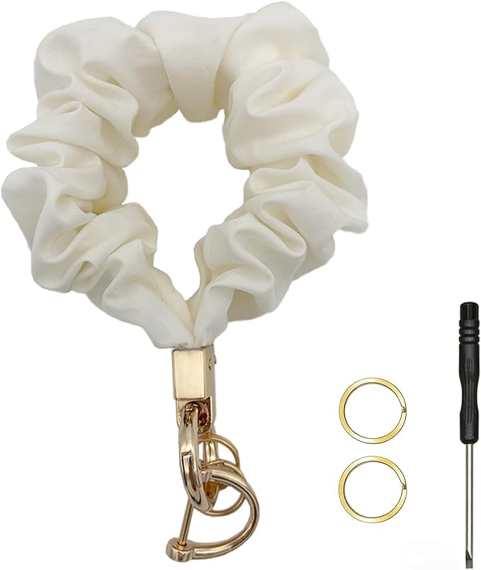 Scrunchie Wristlet Keychain for Women Men, Cute Stretchy Wrist KeyChain for Car Keys with 3 Keyrings and 1 D ring