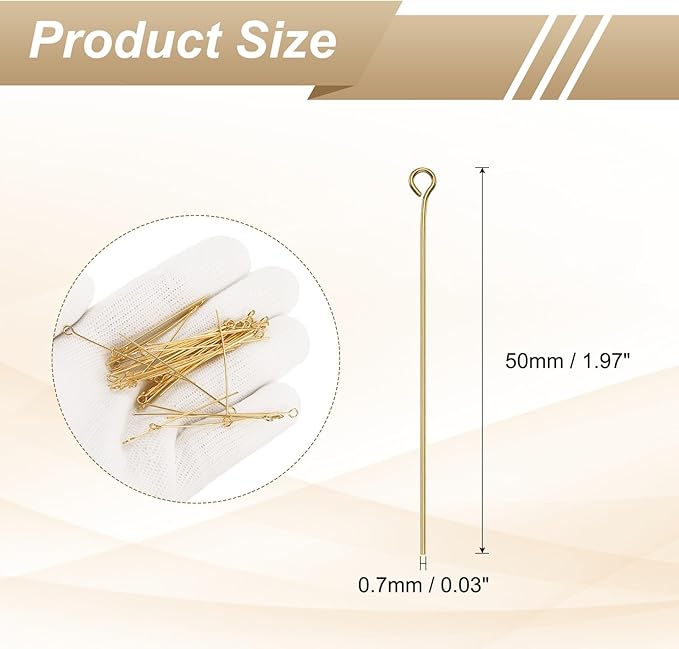 HARFINGTON 100pcs Open Eye Head Pins 1.97" 50mm Mini Metal Wire Eye Pins Beading Small Needles Bulk for Earring Pendant Necklace Bracelet Charm Jewelry Making Findings DIY Craft, 18K Gold