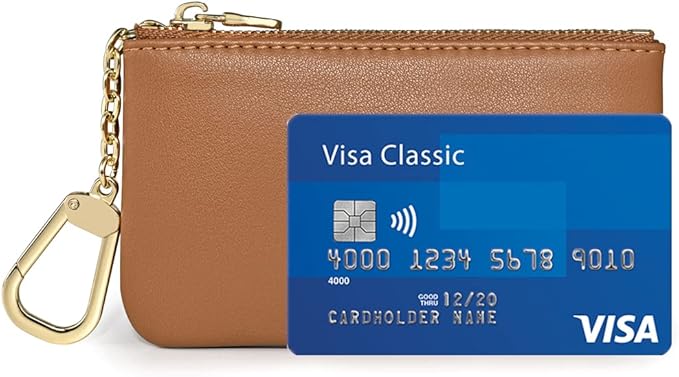 Premium Genuine Full Grain Leather Mini Coin Purse Keychain Pouch Card Holder for Men Women (Light Brown)