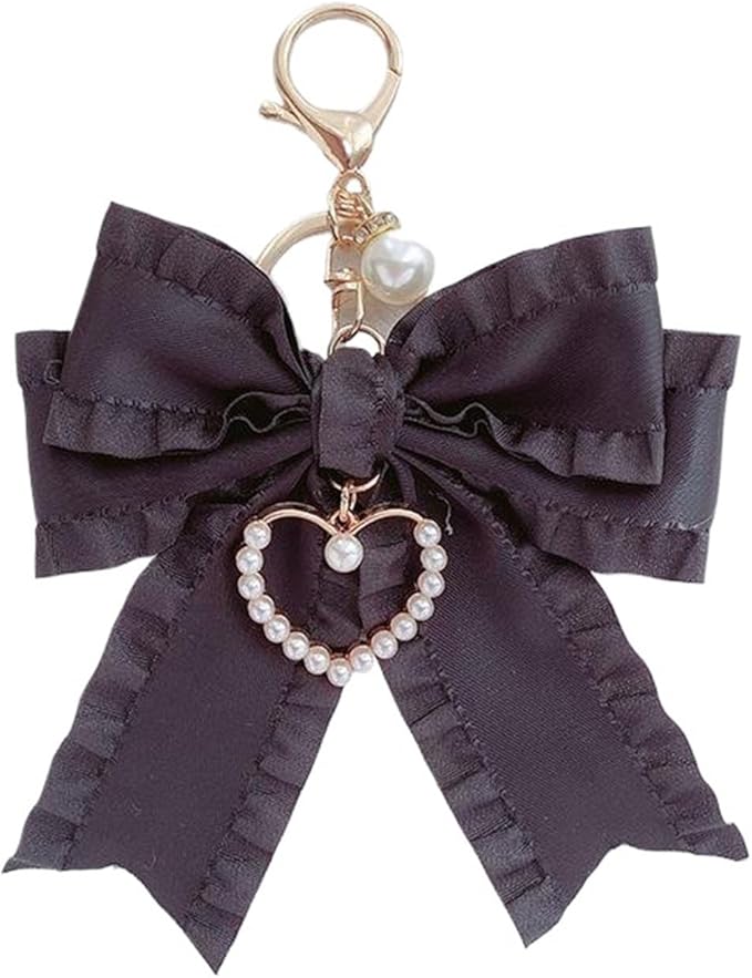 Ribbon Bowknot Bag Charms, Cute Pearl Heart Keyring Holder Purse Hanging Decorations Bag Handbag Pendant