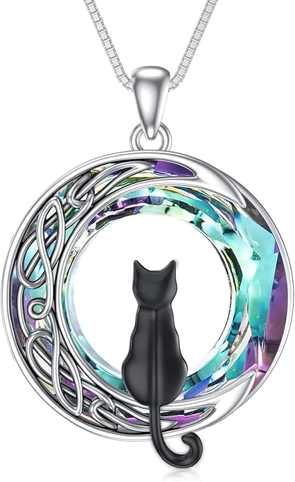 TOUPOP Cat Gifts for Cat Lovers One Two Three Four Cats Necklace Sterling Silver Cats on the Moon Pendant Necklace with Blue Circle Crystal Birthday Christmas Celtic Jewelry Gifts for Women