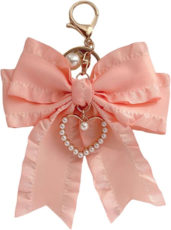 Ribbon Bowknot Bag Charms, Cute Pearl Heart Keyring Holder Purse Hanging Decorations Bag Handbag Pendant