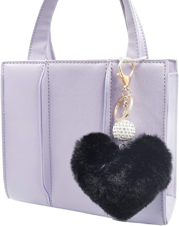 Women's Heart Faux Fur Pom Pom Key Chains Bag Accessory Puffball Keyring Backpack Charms for Girls