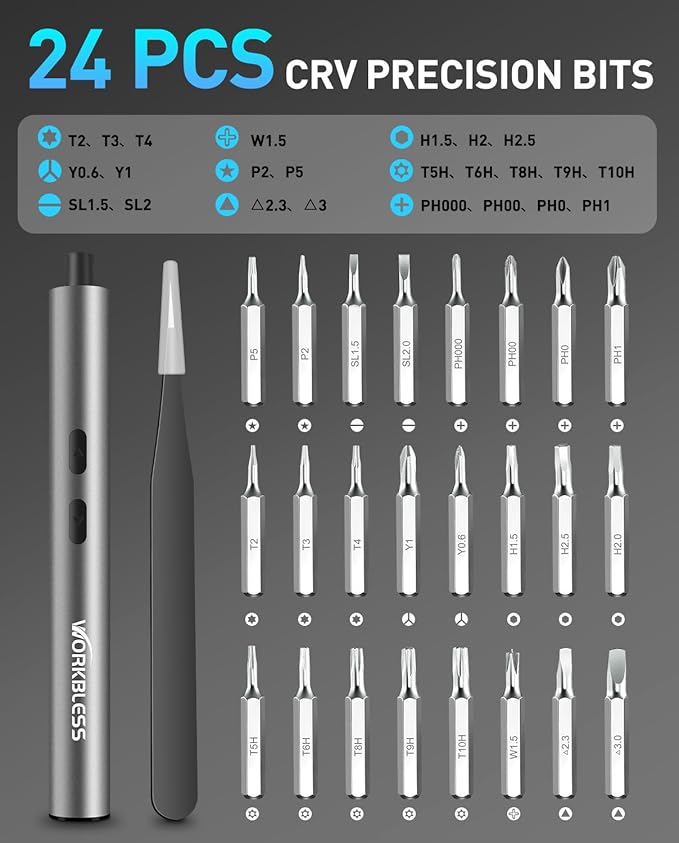 WorkBless Mini Electric Screwdriver, 3.7V Precision Screwdriver Set, 24-in-1 Magnetic Bits, USB-C Rechargeable, Repair Tool Set for Electronics and DIY Projects