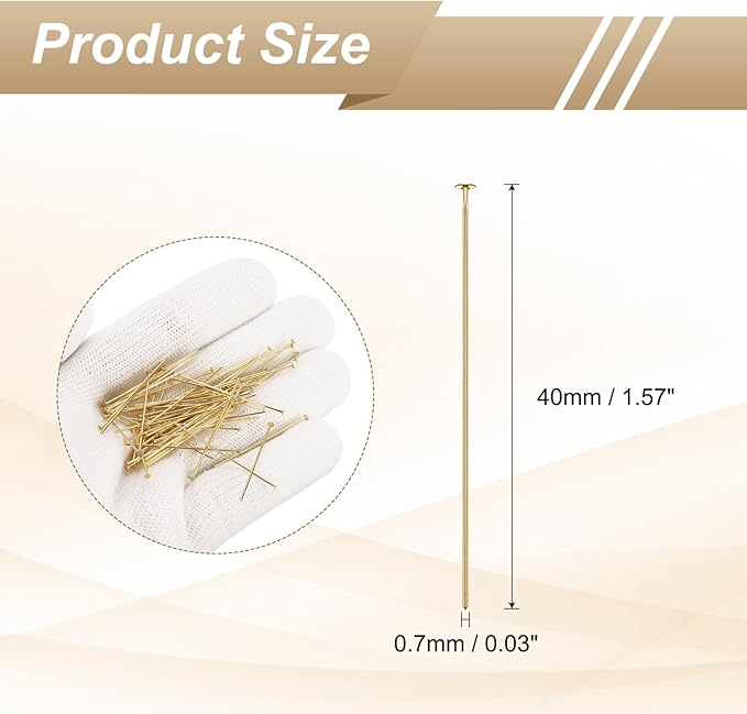 HARFINGTON 100pcs Flat Head Pins 1.57" 40mm Needles Bulk for Earring Pendant Necklace Bracelet Charm Jewelry Making Findings DIY Craft, 18K Gold