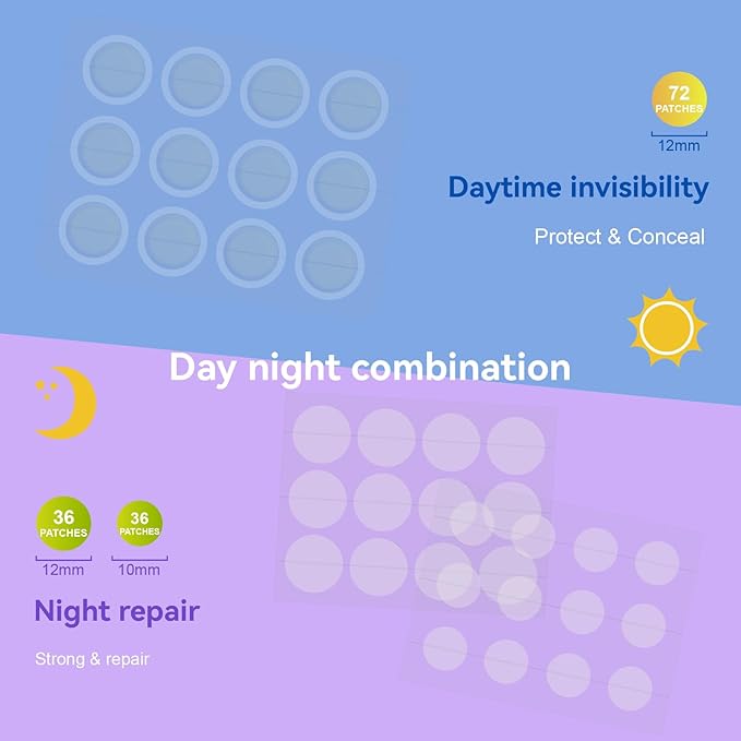 OmaDoto Day & Night Invisible Pimple Patches - (10mm & 12mm | 144 Count | 12 Sheets) - 2-in-1 Hydrocolloid Blemish Cover with Salicylic Acid, Absorbent & Protective Zit Stickers for Face