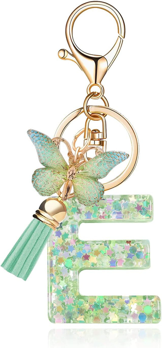 Fashion Alphabet Initial Letter Keychain Tassel Butterfly Pendant Key Ring for Purse Handbags Women Girl
