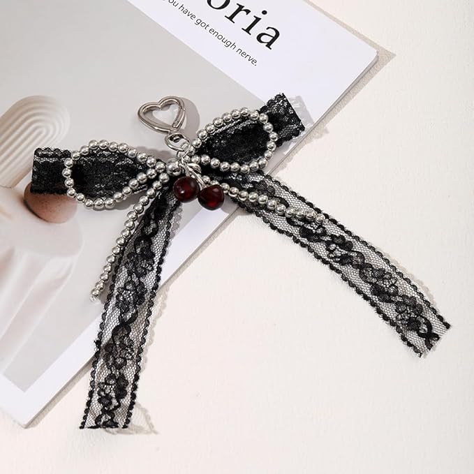 Pearl Bow Keychain Cute Y2k Lace Bowknot Keychain Coquette Aesthetic Accessories Bag Purse Handbag Backpack Charm