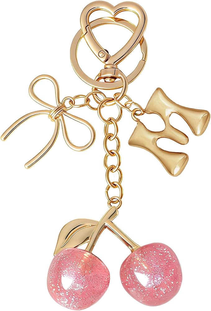 Snycler Bubble Initial Keychain with Cherry & Bow - Gold Letter Bag Charms for Women, Cute Purse Handbag Accessories