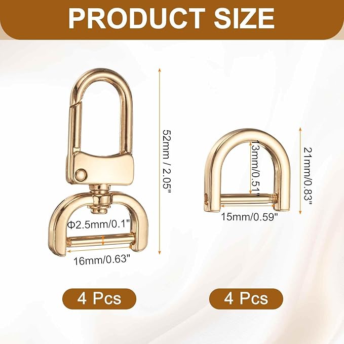 HARFINGTON 4pcs Detachable Snap Hook Swivel Clasp 5/8" (16mm) Zinc Alloy Lobster Claw Clasp with 4pcs D-Rings Screw in Shackle for Keychain Lanyard Purse DIY Purse Strap, Light Gold