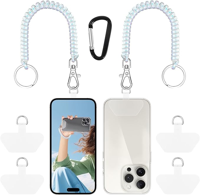 Doormoon Phone Lanyard Leash with 4 Patch, 2* Phone Tether, 4* Phone Tether Tab, 1* Carabiner for Climbing Outdoor Hiking Cycling Skiing Compatible for Smartphones Keys, PearlWhite*2
