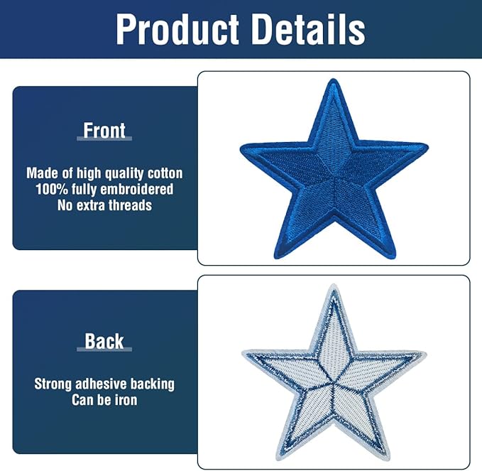 WILDREEDS 24 Pieces Star Iron on Patches, Star Embroidered Patch for Clothing, T-Shirt, Backpacks, Hats, Jeans, Jackets (Royal Blue)
