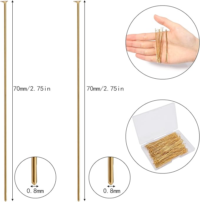 200 Pcs 70mm/2.76 Inch 21 Gauge Head Pins for Jewelry Making Straight Eye Ball Pin for DIY Christmas Styles Craft Earring Bracelet Necklace Pendant Making (Head Pins,Gold Color)