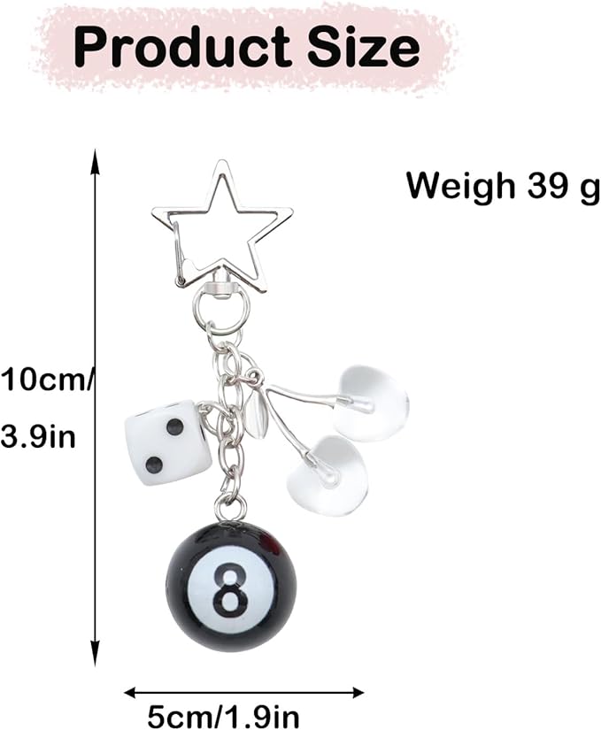 8 Ball Dice Keychain, Y2k Dice Purse Bag Charm with Cherry Star Heart Handbag Accessories for Women Men