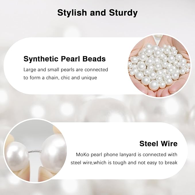MoKo Universal Phone Lanyard, Pearl Beaded Cell Phone Chain Crossbody Strap Anti-Theft Detachable Women Cellphone Lanyards Around The Neck with Patches for iPhone, Most Smartphones, Ball Pearl