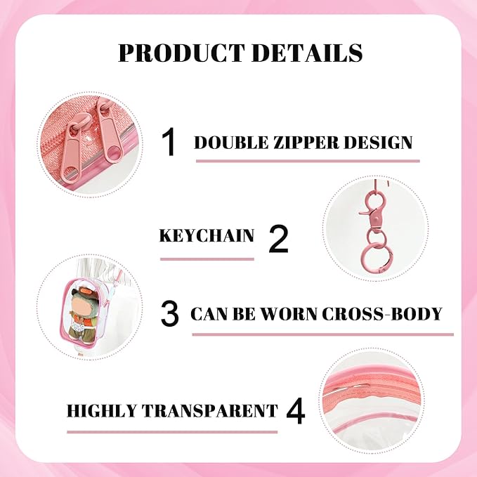 Large Clear Figure Display Bag with Keychain Case Blind Box Keychain Carrying Case, Portable Small Doll Storage Pouches PVC Bag (Pink Standing)