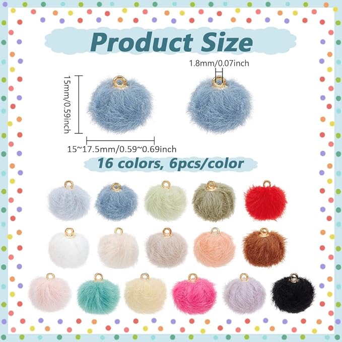 PH PandaHall 96PCS Pom Poms Charm, 16 Colors Pompoms Charm Fabric Fur Metallic Pompoms Pendants DIY Ball Charms with Iron Loops for Dangle Tassel Earrings Charms Pendant Jewellery Making