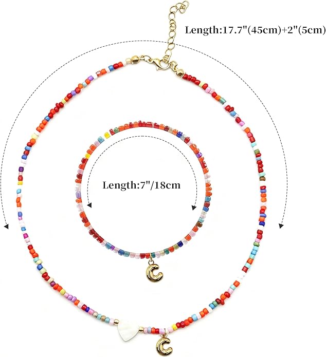 I IHAYNER Colorful Beaded Initial Necklace and Bracelet Set for Girls Personalized Letter Jewelry Gifts Trendy Choker Necklace Matching Bracelet Birthday Friendship Gift