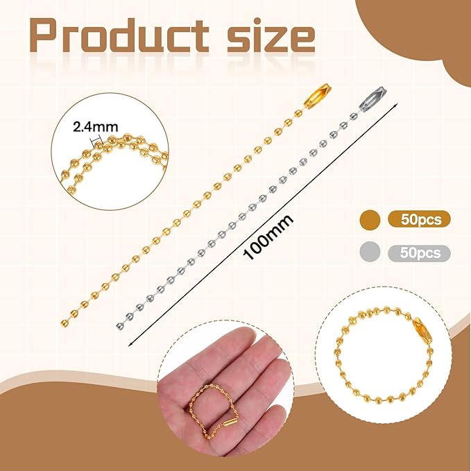 100 PCS Gold Sliver Ball Beads Chain, 4 Inch Dog Tag Chain for Jewelry Making, Stainless Steel Keychain Chains with Ball Chains Connector for Dog Tag Crafts Hanging Keychain Decoration Making