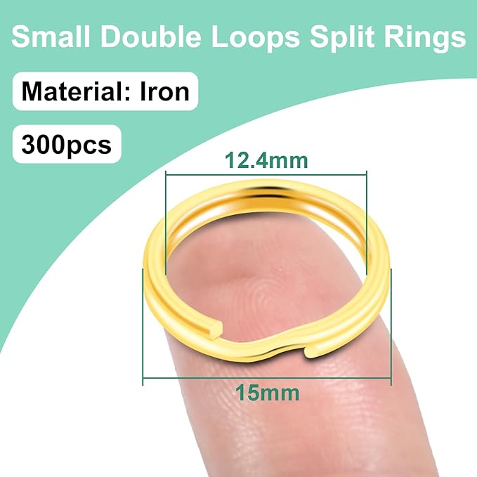 5/8" 300 PCS Gold Small Key Rings, Double Loops Split Rings Jewelry Making Metal Mini Key Ring for Keychian, Pet Collar Tag, Luggage Tag DIY Craft Hardware