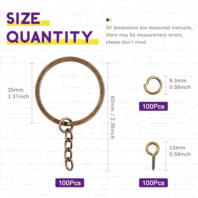 Swpeet 300Pcs 7/5 Inch 35mm Bronze Flat Key Chain Rings Kit, Including 100Pcs Split Keychain Rings with Chain and 100Pcs Jump Ring with 100Pcs Screw Eye Pins Bulk for Jewelry Findings Making