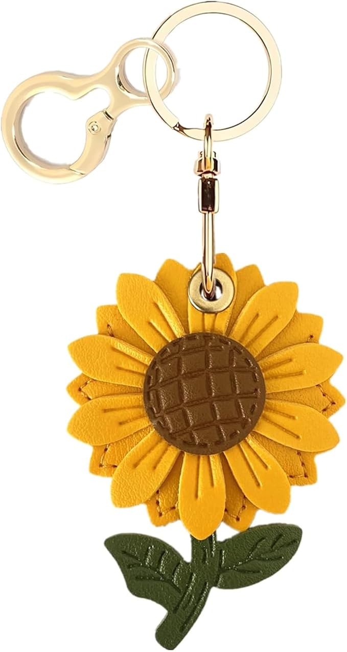 Leather Keychain Holder Case Compatible with AirTag,Cute Protective Apple Air Tag Cover with Keychain Ring,Anti-Scratch Finder GPS Tracker Case for Wallet Keys,Bag,Pets(Sunflower)
