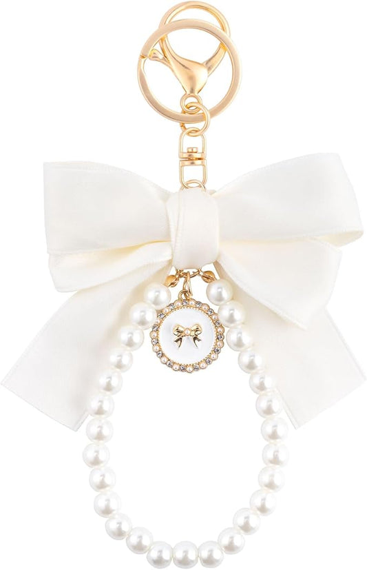 Joez Wonderful Pearl Bow Keychain, Cute Pink Bowknot & Pearl Keyring Charms, Aesthetic Keychain