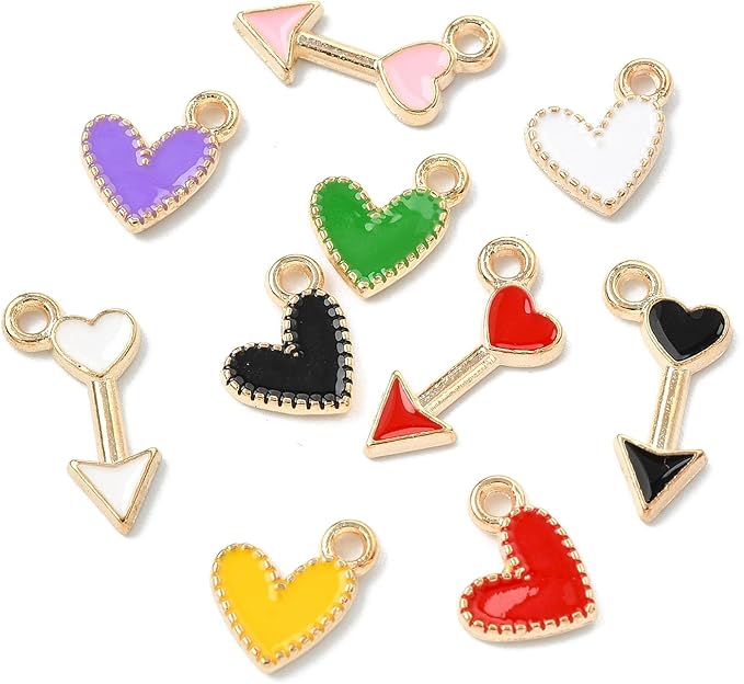 Stiesy 60 Pcs 12 Styles Romantic Enamel Heart & Arrow Charms Alloy Golden Dangle Pendants Charms Bulk For Women Jewelry Making Earrings Necklace Bracelets DIY Crafts Supplies