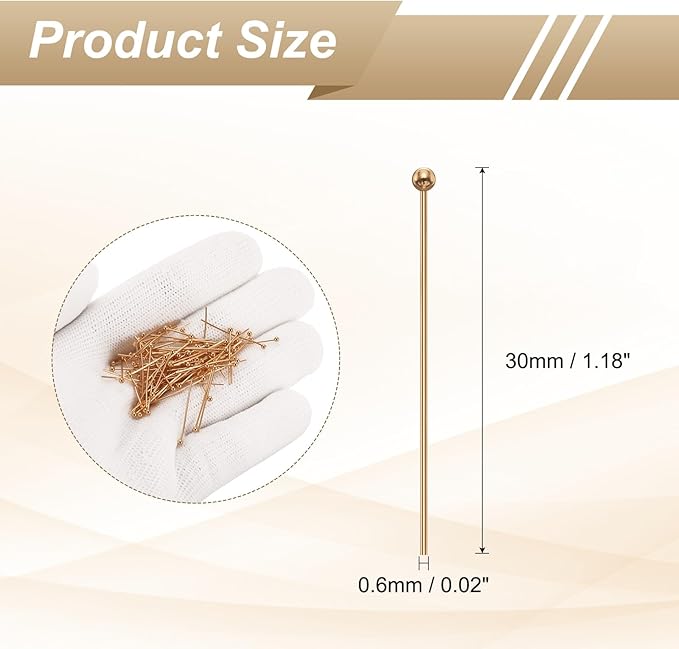 HARFINGTON 100pcs Ball Head Pins 1.18" 30mm Round Head Pins for Earring Pendant Necklace Bracelet Charm Jewelry Making Findings DIY Craft, Champagne Gold