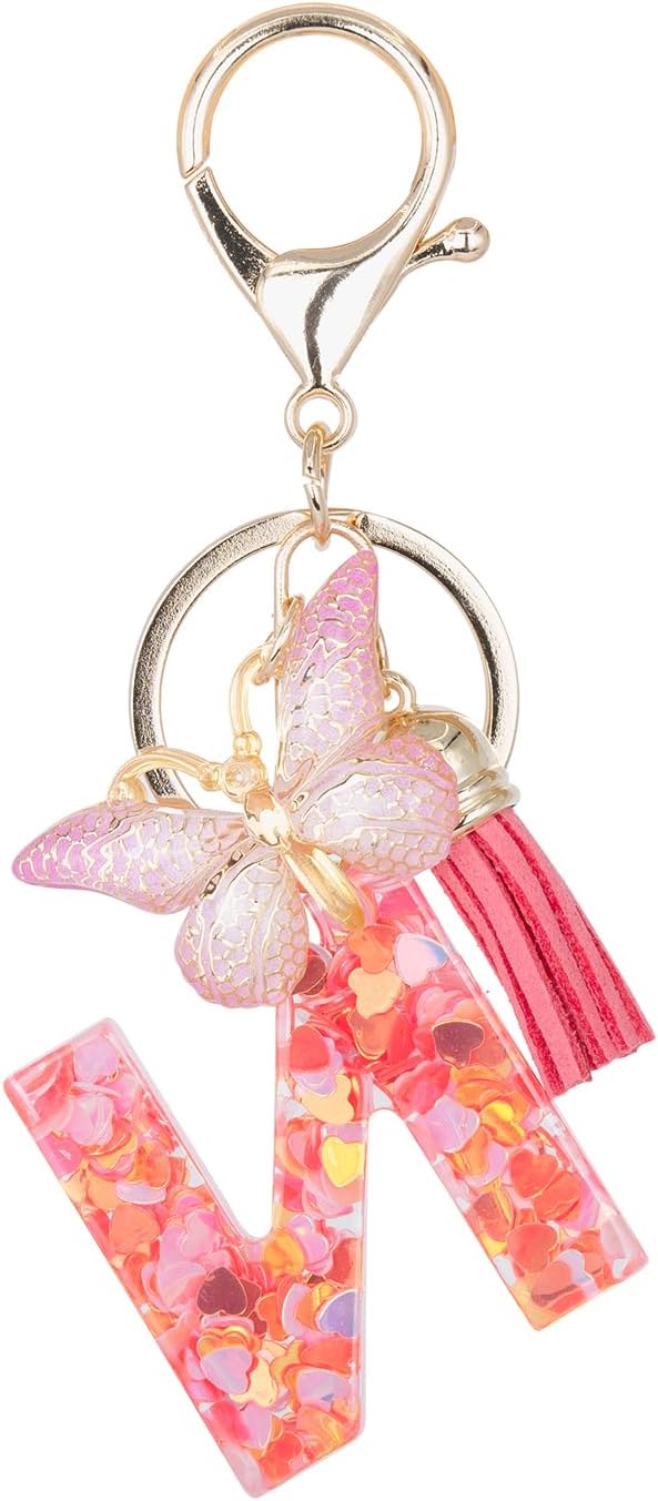 Initial Keychain Cute Pink Resin Letter and Butterfly Charms Keychains for Backpack Purses