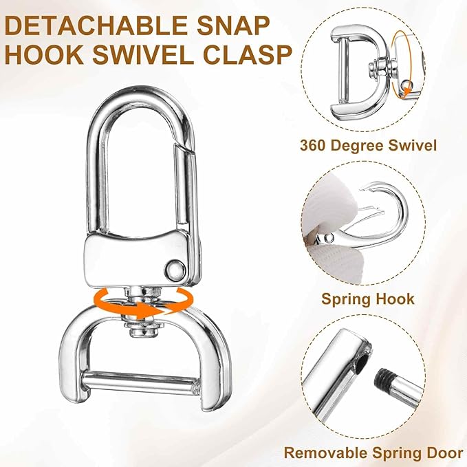 HARFINGTON 4pcs Detachable Snap Hook Swivel Clasp 5/8" (16mm) Zinc Alloy Lobster Claw Clasp with 4pcs D-Rings Screw in Shackle for Keychain Lanyard Purse DIY Purse Strap, Silver