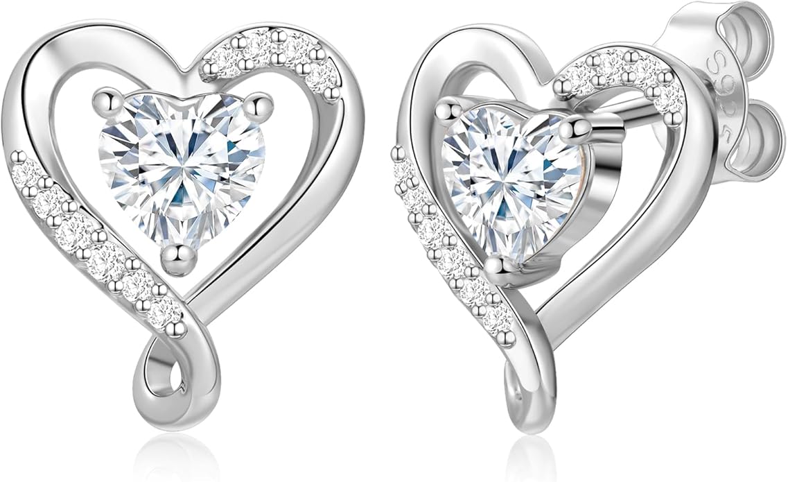 Zifeel Earrings for Women, S925 Sterling Silver Rose Gold Birthstone Heart Studs Earring for Girlfriend Wife, Anniversary Birthday Christmas Valentines Mothers Day Gifts Jewelry for Women Wife Her Mom