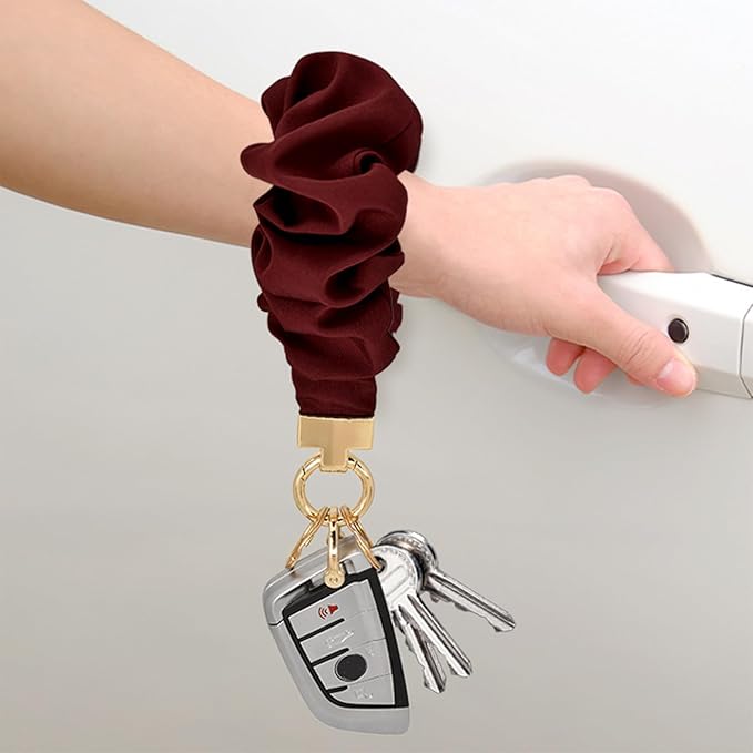 Scrunchie Wristlet Keychain for Women Men, Cute Stretchy Wrist KeyChain for Car Keys with 3 Keyrings and 1 D ring