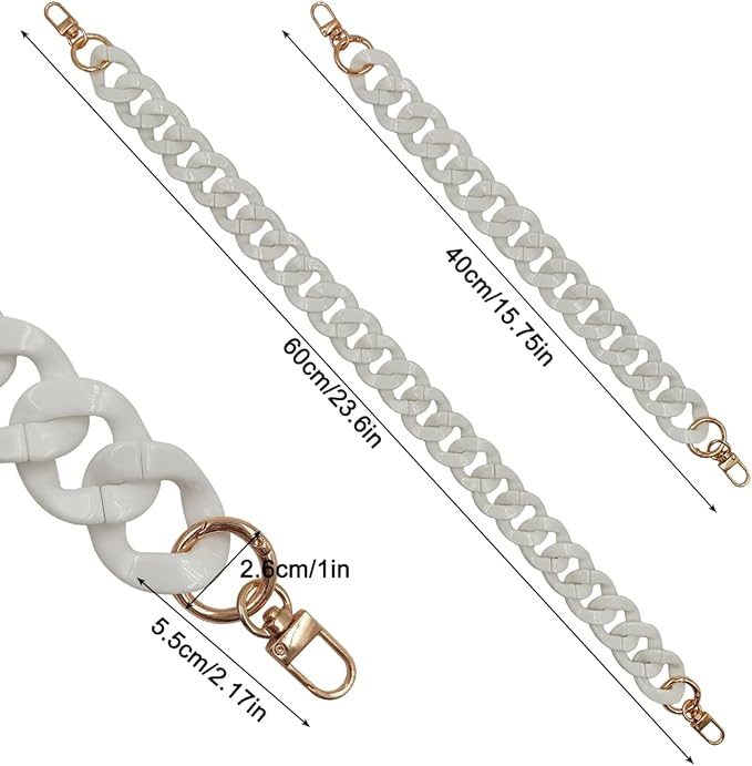 2 PCS Large Flat Chain Strap, White Acrylic Chain 15.7inch Handbag Strap and 23.5inch Replacement Shoulder Straps, Detachable Purse Chain for Tote Bags, Clutches, DIY Craft