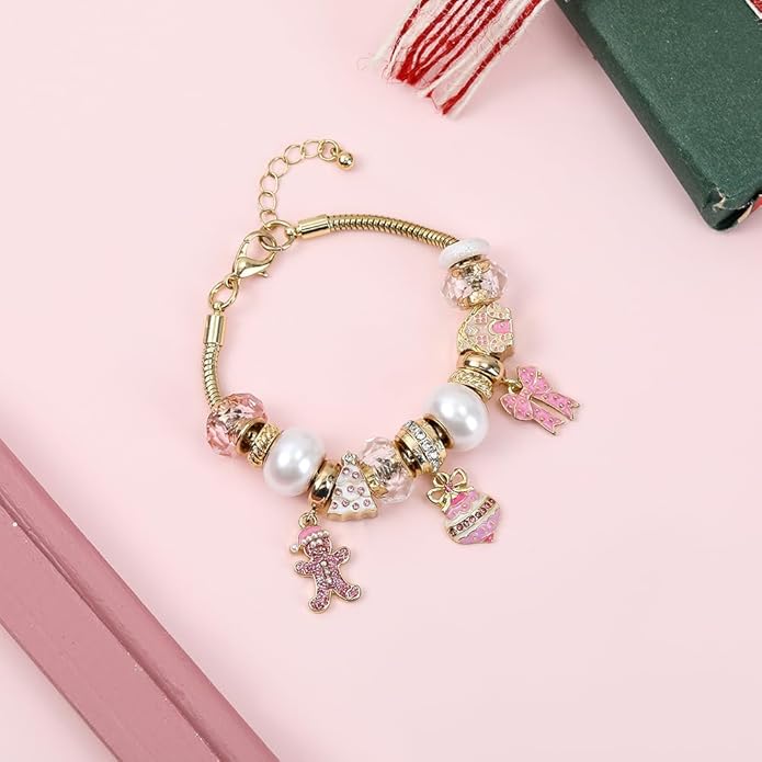 Madison Tyler Christmas Bracelet for Women | Xmas Adjustable Snake Chain Bracelet | Peppermint Candy Cane Gingerbread Man Bow Gloves Socks Charm Pearl Beaded Bracelet Holiday