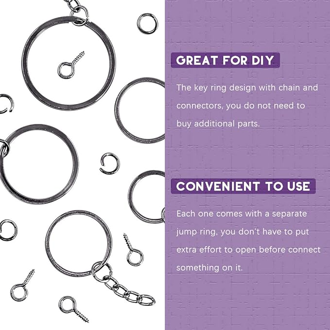Swpeet 300Pcs Black Flat Key Chain Rings Kit, 100Pcs Keychain Rings with Chain and 100Pcs Jump Ring with 100Pcs Screw Eye Pins Bulk for Jewelry Findings Making - 4/5 Inch, 1 Inch, 6/5 Inch, 7/5 Inch