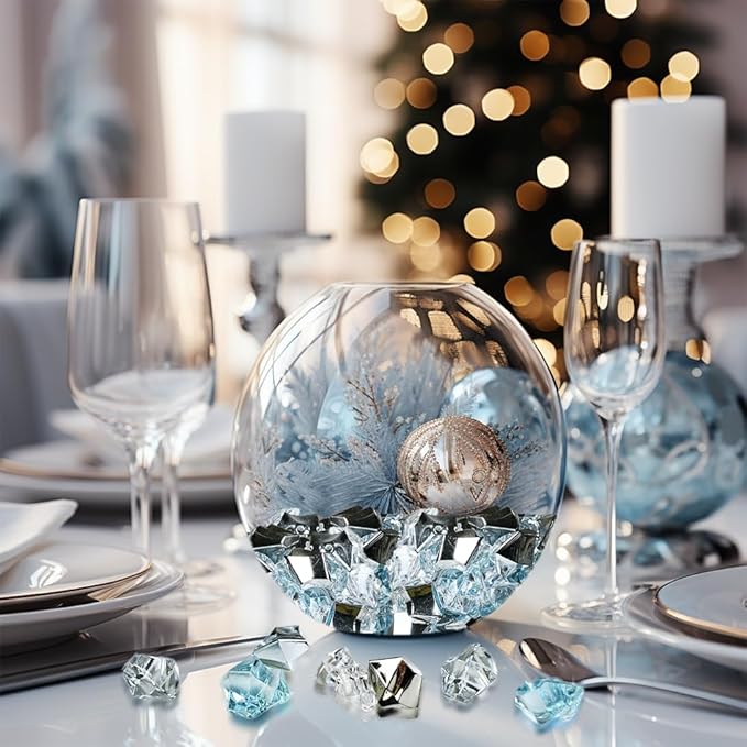 HappyFiller Christmas Vase Fillers,14 OZ Clear,Sea Blue,Silver Mix Color Fake Ice Rocks Cubes Acrylic Gems Stones for Winter Decorations,Wedding Centerpieces Table Scatters,Crafts,Home Accents