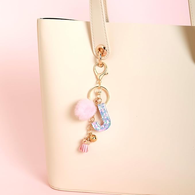 Resin Alphabet Initial Letter Keychain Keyring for Women Purse Handbags With Fur Ball Pom
