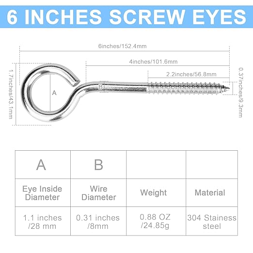 Aovchei Eye Screws, 4 Pcs 6 Inch Long, 304 Heavy Duty Stainless Steel Screw Hooks, Rust-Resistant Self Tapping Eyelet Bolts for Wood, Securing Cables Wires, Indoor & Outdoor for Hanging Artwork