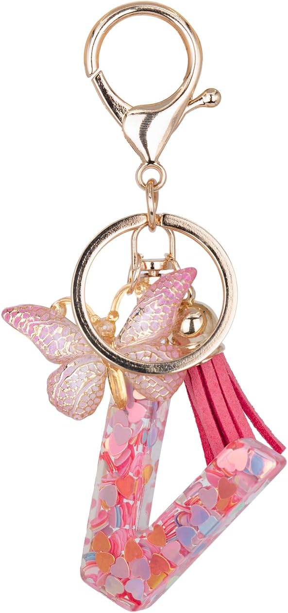 Initial Keychain Cute Pink Resin Letter and Butterfly Charms Keychains for Backpack Purses