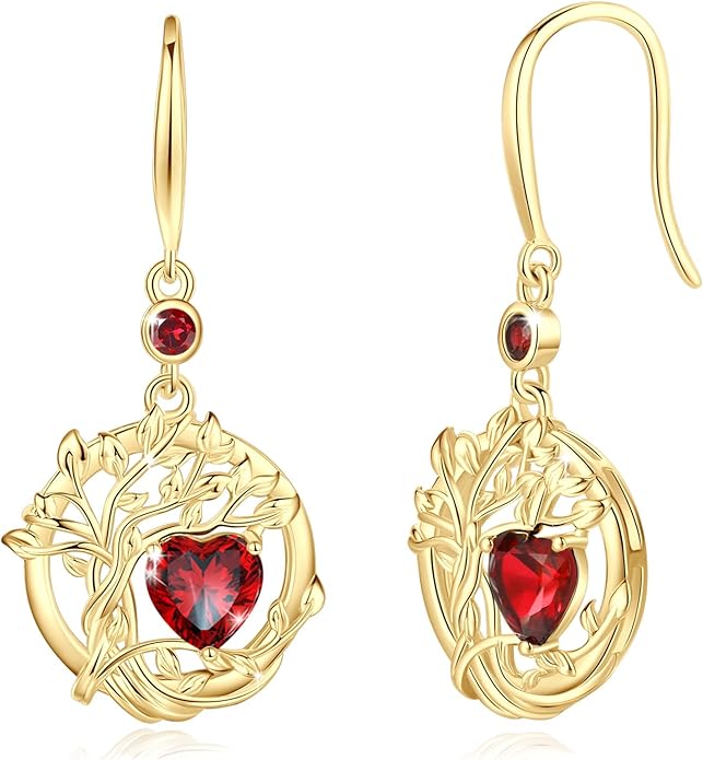 FANCIME Tree of Life Dangle Drop Earrings 925 Sterling Silver Dainty Round Gemstone Birthstone Earring Fine Jewelry Birthday Christmas Gifts for Her Women