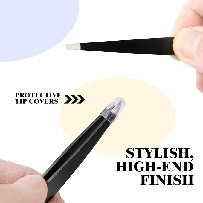 FIVETAS Stainless Steel Tweezers for Eyebrows-Flat Tweezer with Case for Women&Man,Great Precision on Brow,Facial Hair and Ingrown Hair Removal(Black)