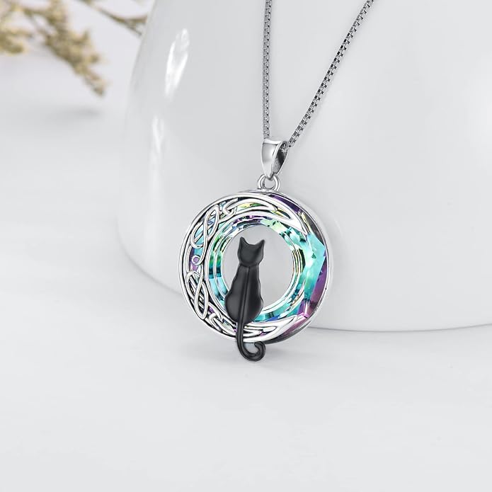 TOUPOP Cat Gifts for Cat Lovers One Two Three Four Cats Necklace Sterling Silver Cats on the Moon Pendant Necklace with Blue Circle Crystal Birthday Christmas Celtic Jewelry Gifts for Women