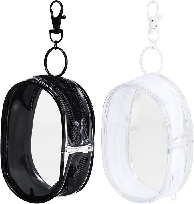 2pcs Clear Keychain Pouch, Portable Mini Zipper Case Makeup Bags with Hook, Small Waterproof PVC Figure Display Pouch Travel Cosmetic Case for Organizing Keys Lipstick- Black & White