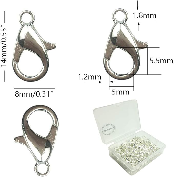200Pcs Lobster Claw Clasps, 14x8mm Metal Alloy Lobster Clasps, Lobster Clasps for Jewelry Making,Keychains,Bracelet and for DIY Jewelry Necklace Clasps and Closures(Silver)